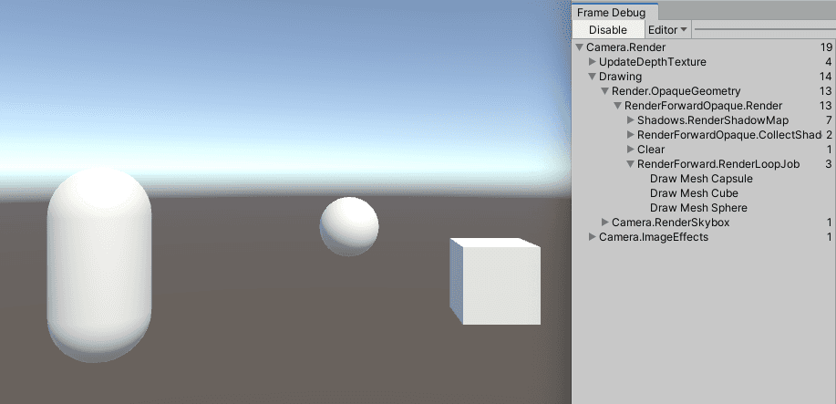 frame from built in render pipeline showing 3 distinct draw calls for 3 different meshes