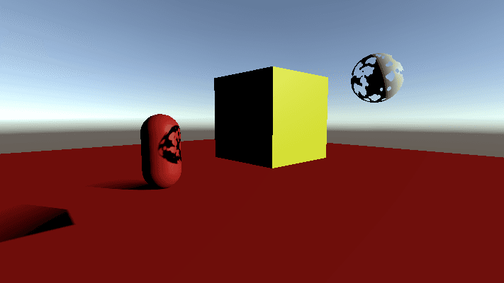 the same as above but the shadows from the sphere are sharp and the shadows from the capsule and the cube fade into nothing